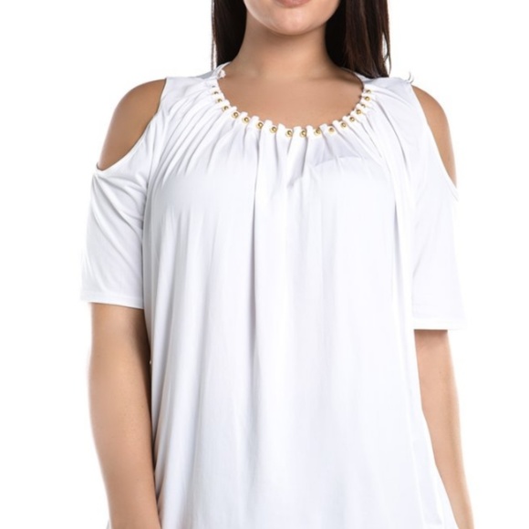 Cold Shoulder Beaded Neck Top - Picture 6 of 8